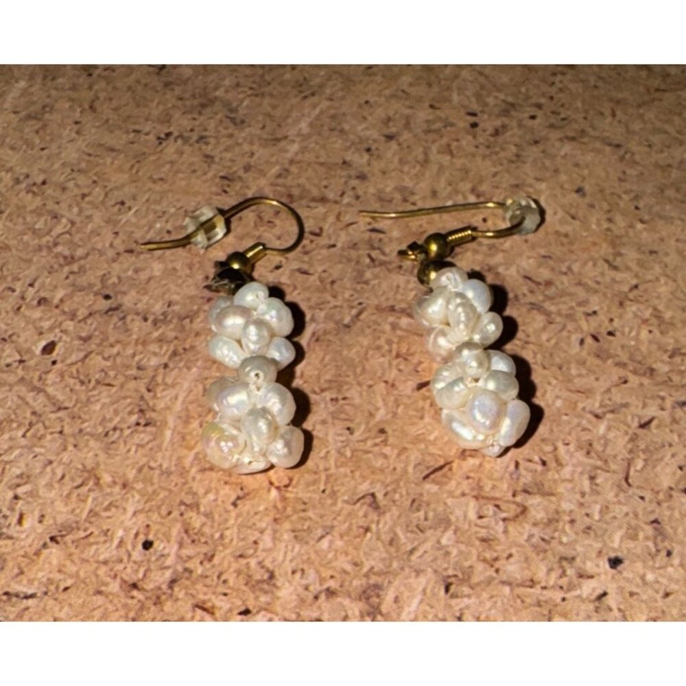 Handmade Dangling Earrings With Faux Pearls & Gold Beads - Picture 11 of 14